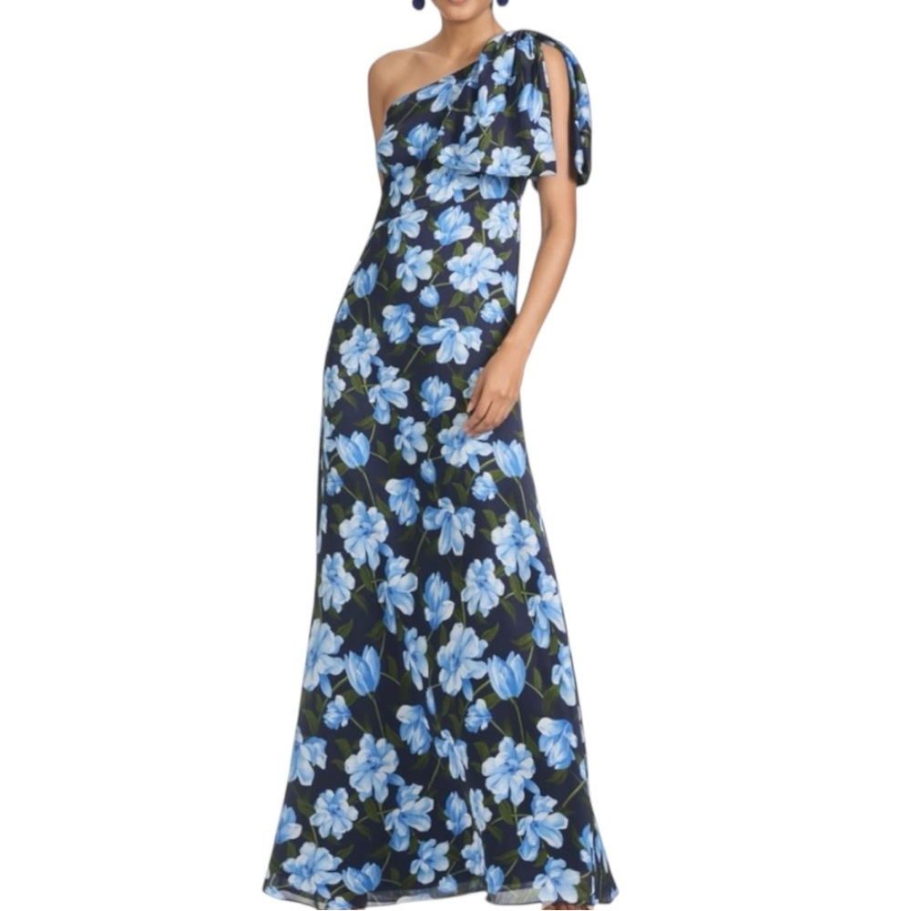 NWT SACHIN + BABI Blue Floral Sleeveless One Shoulder Bow Dress Gown Size 12
